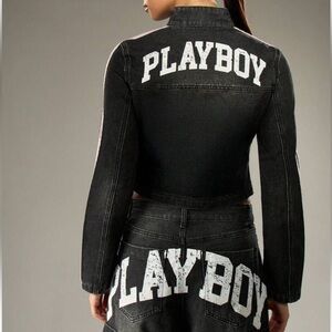 Y2K Playboy Grey Denim Moto Jacket with Pink Stripes NWT